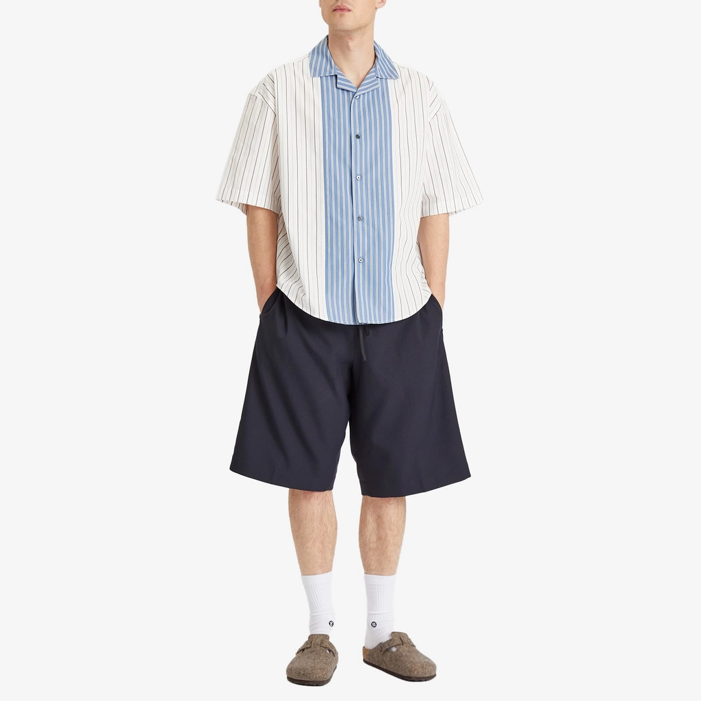 AMI Paris Men's Camp Collar Contrast Stripe Boxy Shirt Off-White/Blue Note/Navy